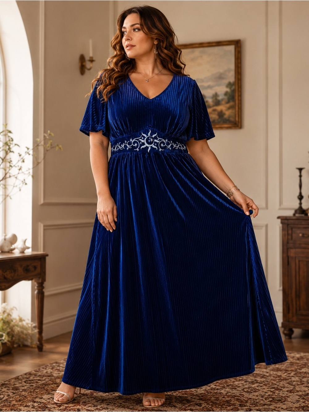 BloomChic Velvet Celestial Embroidery Shirred Maxi Dress Size 14/16 NWT